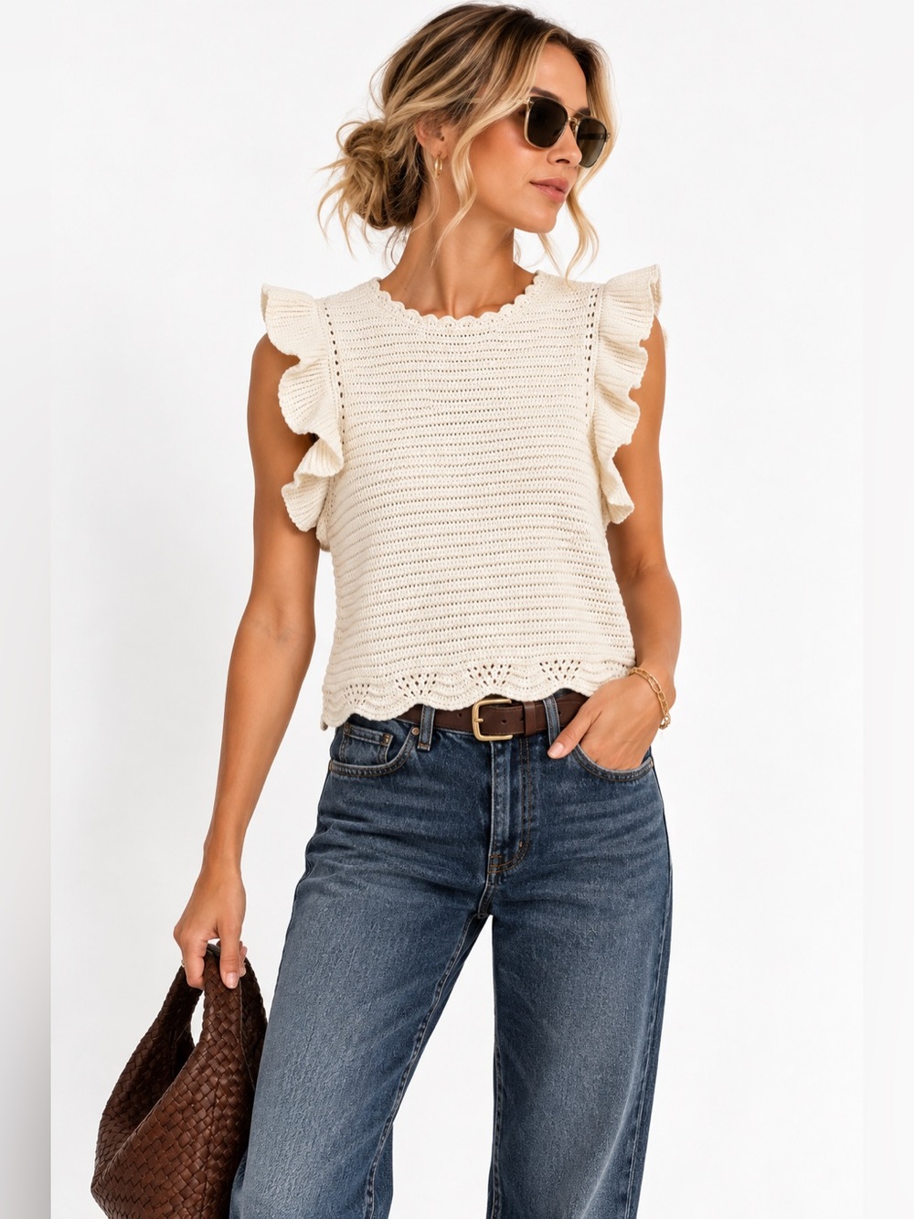 Sfera Cream Crochet Knit Ruffle Sleeve Top Scalloped Hem Boho Romantic Size S